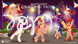 Size: 1024x579 | Tagged: safe, artist:jhayarr23, derpibooru import, oc, oc:luz, oc:minda, oc:pearl shine, oc:vi, earth pony, pegasus, pony, unicorn, 2019, bipedal, filipino, fireworks, flag, happy new year, holiday, nation ponies, philippines, tagalog