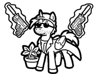 Size: 198x150 | Tagged: safe, artist:crazyperson, derpibooru import, pony, fallout equestria, fallout equestria: commonwealth, black and white, clothes, coat, fanfic art, grayscale, gun, magic, magic aura, monochrome, picture for breezies, silencer, simple background, sunglasses, telekinesis, transparent background, weapon