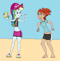 Size: 2021x2049 | Tagged: safe, artist:hunterxcolleen, derpibooru import, rainbow dash, human, equestria girls, equestria girls series, atlanta, beach, belly button, bikini, bikini top, cap, class of the titans, clothes, crossover, duel, feet, hat, sandals, shorts, sports, swimming trunks, swimsuit, volleyball