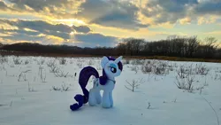 Size: 2048x1152 | Tagged: safe, artist:hihin1993, derpibooru import, rarity, pony, irl, japan, photo, plushie, snow, solo