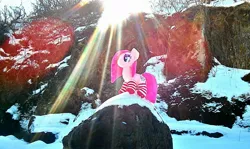 Size: 2163x1288 | Tagged: safe, artist:hihin1993, derpibooru import, pinkie pie, pony, clothes, crepuscular rays, irl, japan, majestic, photo, pinkamena diane pie, plushie, snow, socks, solo, striped socks