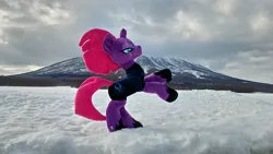 Size: 2048x1152 | Tagged: safe, artist:hihin1993, derpibooru import, tempest shadow, pony, hoofy-kicks, irl, japan, majestic, mountain, photo, plushie, pretty pretty tempest, rearing, snow, solo