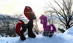 Size: 2048x1217 | Tagged: safe, artist:hihin1993, derpibooru import, berry punch, berryshine, tempest shadow, pony, clothes, crepuscular rays, irl, japan, photo, plushie, snow, socks, striped socks