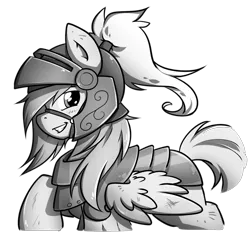 Size: 1613x1551 | Tagged: safe, artist:secret-pony, derpibooru import, oc, unofficial characters only, pegasus, pony, buck legacy, armor, black and white, bruised, card art, grayscale, happy, helmet, knight, looking at you, monochrome, ponytail, scratches, simple background, soldier, solo, transparent background