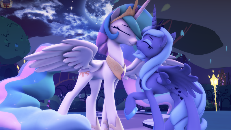 Size: 1920x1080 | Tagged: 3d, artist:loveslove, boop, cute, derpibooru import, forest, moon, night, noseboop, princess celestia, princess luna, royal sisters, s1 luna, safe, sisterly love, sky, source filmmaker, tree, wallpaper