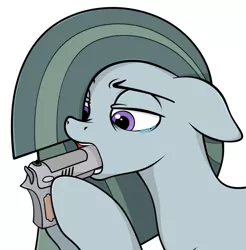 Size: 944x958 | Tagged: semi-grimdark, artist:kirr12, derpibooru import, edit, marble pie, earth pony, pony, crying, female, floppy ears, gun, gun in mouth, handgun, hoof hold, imminent suicide, implied suicide, mare, open mouth, pistol, sad, simple background, solo, suicide, this will end in death, this will end in tears, this will end in tears and/or death, weapon, white background