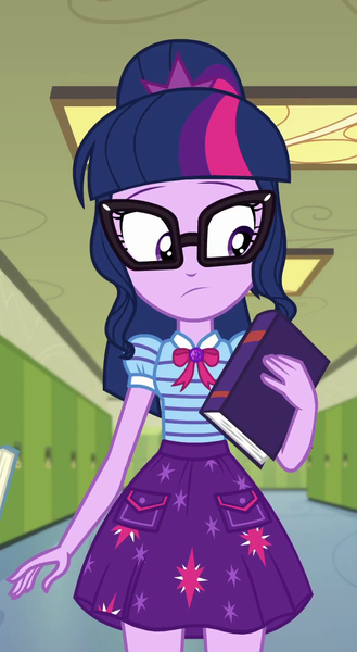 Size: 587x1070 | Tagged: safe, derpibooru import, screencap, sci-twi, twilight sparkle, best trends forever, equestria girls, equestria girls series, best trends forever: twilight sparkle, book, clothes, cropped, cyoa, female, geode of telekinesis, glasses, lockers, magical geodes, ponytail, skirt