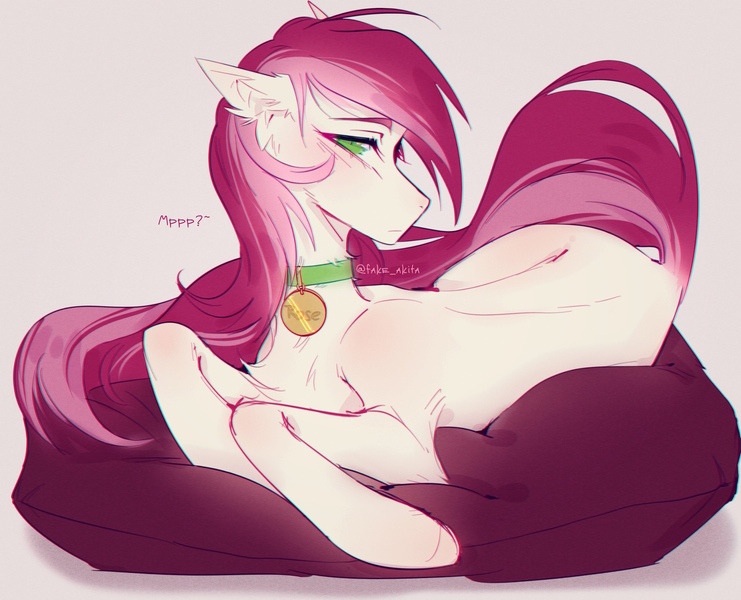 Size: 1280x1036 | Tagged: safe, artist:fake_akita, derpibooru import, roseluck, earth pony, pony, behaving like a cat, chest fluff, collar, cute, cyrillic, digital art, ear fluff, female, fluffy, lying, lying down, mare, pet tag, pillow, pony pet, purring, rosepet, russian, solo, translated in the description