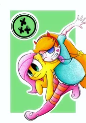 Size: 2869x4088 | Tagged: safe, artist:mustachedbain, derpibooru import, fluttershy, human, pegasus, pony, boots, clothes, crossover, female, mare, shoes, smiling, socks, star butterfly, star vs the forces of evil, striped socks