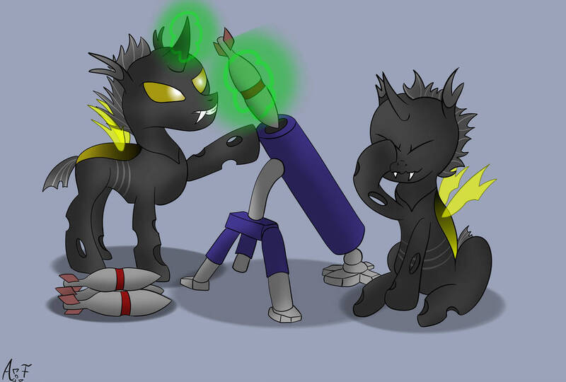 Size: 1024x691 | Tagged: ammunition, artist:atomfliege, changeling, changeling oc, derpibooru import, facehoof, magic, mortar, oc, oc:warplix, safe, simple background, sitting, standing, unofficial characters only, yellow changeling