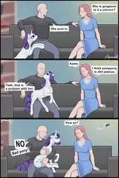 Size: 1750x2604 | Tagged: semi-grimdark, artist:arareroll, derpibooru import, rarity, oc, oc:anon, oc:femanon, human, pony, unicorn, bad pony, behaving like a cat, bipedal, bipedal leaning, clothes, comic, couch, crossed legs, dialogue, dress, female, floppy ears, frown, glare, glowing horn, grin, horn, human female, human male, imminent murder, jealous, knife, leaning, levitation, lidded eyes, looking up, magic, male, mare, no eyes, open mouth, pants, pony pet, raised hoof, raribitch, shirt, sitting, sitting on lap, smiling, telekinesis, this will end in death, this will end in tears, this will end in tears and/or death, unamused, yandere, yanderity