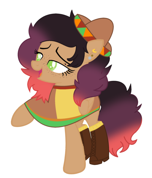 Size: 1521x1781 | Tagged: safe, artist:pegasski, artist:space--paws0w0, derpibooru import, oc, oc:pancita, unofficial characters only, pegasus, pony, base used, boots, clothes, commission, ear piercing, earring, female, freckles, hat, jewelry, mare, mexican, multicolored hair, open mouth, piercing, poncho, raised hoof, shoes, simple background, socks, solo, sombrero, transparent background