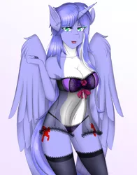 Size: 3915x5000 | Tagged: alicorn, alicorn oc, anthro, anthro oc, artist:cannoncar, bra, breasts, clothes, derpibooru import, female, horn, mare, oc, oc:mariah wolves, panties, smiling, suggestive, underwear, unofficial characters only, wings