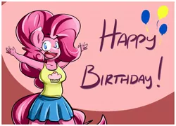 Size: 1500x1078 | Tagged: anthro, armpits, artist:sanders, breasts, clothes, cute, derpibooru import, female, happy birthday, looking at you, miniskirt, moe, open mouth, pinkie pie, safe, skirt, smiling, solo, tanktop