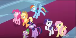 Size: 967x484 | Tagged: safe, derpibooru import, screencap, applejack, fluttershy, pinkie pie, rainbow dash, rarity, spike, twilight sparkle, twilight sparkle (alicorn), alicorn, dragon, earth pony, pegasus, pony, unicorn, season 9, the beginning of the end, spoiler:s09, applejack's hat, cowboy hat, discovery family logo, female, flying, hat, male, mane seven, mane six, mare, shocked, stetson, winged spike