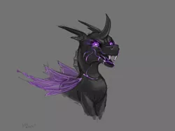 Size: 1161x871 | Tagged: semi-grimdark, alternate version, artist:bigrigs, derpibooru import, oc, oc:fester, changeling, bust, creepy, male, purple changeling, purple eyes, simple background, solo