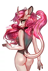 Size: 1430x2106 | Tagged: suggestive, artist:hikary, derpibooru import, oc, oc:tarot, unofficial characters only, anthro, classical unicorn, unicorn, anthro oc, ass, blue eyes, breasts, butt, clothes, cloven hooves, collar, commission, curved horn, digital art, ear fluff, female, floppy ears, freckles, horn, jewelry, leonine tail, leotard, long mane, long tail, looking at you, looking back, looking back at you, mare, palomino, pink hair, pink mane, pink tail, pinup, see-through, sideboob, smiling, smirk, solo, solo female, unshorn fetlocks, ych result