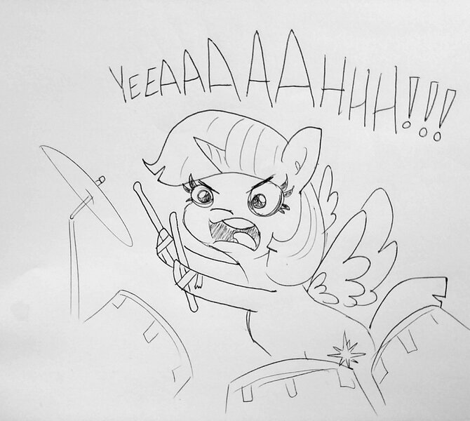 Size: 1609x1440 | Tagged: safe, artist:tjpones, derpibooru import, twilight sparkle, twilight sparkle (alicorn), alicorn, pony, drum kit, drum set, drumming, drums, drumsticks, duct tape, exclamation point, female, frown, glare, grayscale, hoof hold, lineart, mare, monochrome, musical instrument, open mouth, simple background, solo, tape, text, traditional art, wat, white background, yeah, yelling