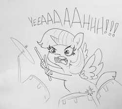 Size: 1609x1440 | Tagged: safe, artist:tjpones, derpibooru import, twilight sparkle, twilight sparkle (alicorn), alicorn, pony, drum kit, drum set, drumming, drums, drumsticks, duct tape, exclamation point, female, frown, glare, grayscale, hoof hold, lineart, mare, monochrome, musical instrument, open mouth, simple background, solo, tape, text, traditional art, wat, white background, yeah, yelling