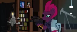 Size: 6856x2859 | Tagged: army of darkness, artist:ejlightning007arts, candle, crossover, derpibooru import, escape from new york, eyepatch, gallus, gun, library, safe, silverstream, snake plissken, tempest shadow, weapon, zootopia