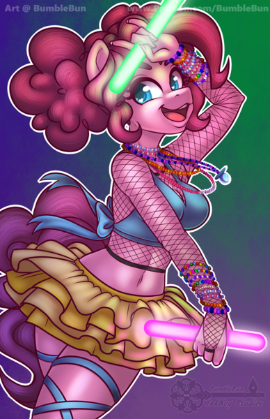 Size: 990x1530 | Tagged: safe, artist:bumblebun, derpibooru import, pinkie pie, anthro, earth pony, armpits, belly button, breasts, cleavage, clothes, dancing, female, fishnets, glowstick, midriff, miniskirt, sexy, skirt, smiling, solo, thighs