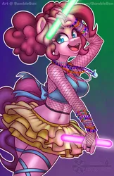 Size: 990x1530 | Tagged: safe, artist:bumblebun, derpibooru import, pinkie pie, anthro, earth pony, armpits, belly button, breasts, cleavage, clothes, dancing, female, fishnets, glowstick, midriff, miniskirt, sexy, skirt, smiling, solo, thighs