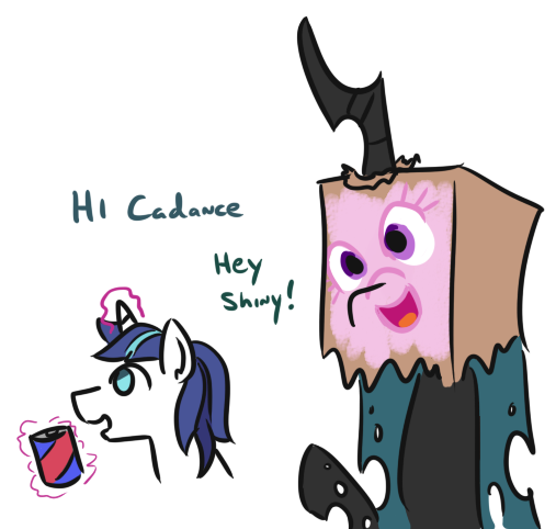 Size: 507x482 | Tagged: safe, artist:jargon scott, derpibooru import, queen chrysalis, shining armor, changeling, changeling queen, pony, unicorn, dialogue, disguise, disguised changeling, female, glowing horn, hi anon, horn, magic, male, meme, paper bag, paper-thin disguise, seems legit, shining armor is a goddamn moron, simple background, stallion, telekinesis, white background