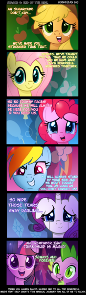 Size: 800x2734 | Tagged: safe, artist:lennonblack, derpibooru import, applejack, fluttershy, pinkie pie, rainbow dash, rarity, spike, twilight sparkle, dragon, earth pony, pegasus, pony, unicorn, spoiler:s09, bittersweet, crying, cutie mark, cutie mark background, end of g4, end of ponies, feels, floppy ears, good end, mane seven, mane six, tears of joy, title drop