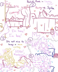 Size: 1280x1611 | Tagged: safe, artist:adorkabletwilightandfriends, derpibooru import, lily, lily valley, moondancer, spike, dragon, earth pony, pony, unicorn, comic:adorkable twilight and friends, adorkable, adorkable friends, bedroom, bedroom eyes, blanket, candle, comic, cute, dork, dream, female, first person view, heart, implied lily, implied lilyspike, implied shipping, implied sparlight, implied spikedancer, implied starlight glimmer, implied straight, lineart, magic, male, nightmare, offscreen character, pillow, pov, scared, screaming, shipping, sleeping, sweat, telekinesis