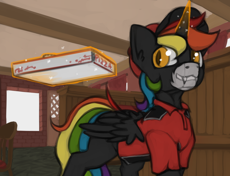 Size: 1372x1054 | Tagged: safe, artist:marsminer, derpibooru import, oc, oc:rainbow heart, unofficial characters only, alicorn, pony, alicorn oc, coat markings, fangs, food, horn, magic, male, multicolored hair, pizza, rainbow hair, solo, stallion, telekinesis, wings