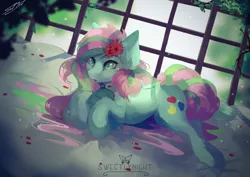 Size: 4100x2906 | Tagged: safe, artist:sweetlynight, derpibooru import, oc, oc:melody sweetheart, unofficial characters only, earth pony, pony, turtle, beautiful, flower, lying down, multicolored mane, multicolored tail, solo