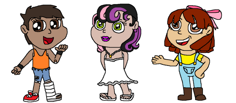 Size: 1205x525 | Tagged: apple bloom, artist:logan jones, bandage, boots, bow, clothes, cutie mark crusaders, dark skin, derpibooru import, dress, dyed hair, ear piercing, earring, feet, female, flip-flops, hair bow, human, humanized, jeans, jewelry, leg cast, lipstick, moderate dark skin, natural eye color, natural hair color, necklace, overalls, pants, piercing, safe, sandals, scootaloo, shirt, shoes, short hair, shorts, simple background, sneakers, sweetie belle, tanktop, toes, trio, white background, wristband