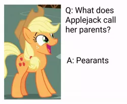 Size: 579x473 | Tagged: safe, derpibooru import, edit, edited screencap, editor:apex soundwave, screencap, applejack, earth pony, pony, big smile, caption, cute, female, food, happy, image macro, implied applejack's parents, implied bright mac, implied pear butter, jackabetes, mare, open mouth, pear, pun, sad in hindsight, simple background, smiling, solo, text, white background