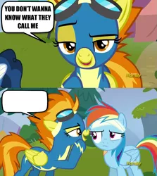 Size: 1279x1436 | Tagged: safe, derpibooru import, edit, edited screencap, screencap, rainbow dash, spitfire, pegasus, pony, newbie dash, bandage, bandaged head, clothes, discovery family logo, duo, exploitable meme, female, goggles, mare, meme, speech bubble, spitfire's nickname, template, uniform, whispering, wonderbolts uniform