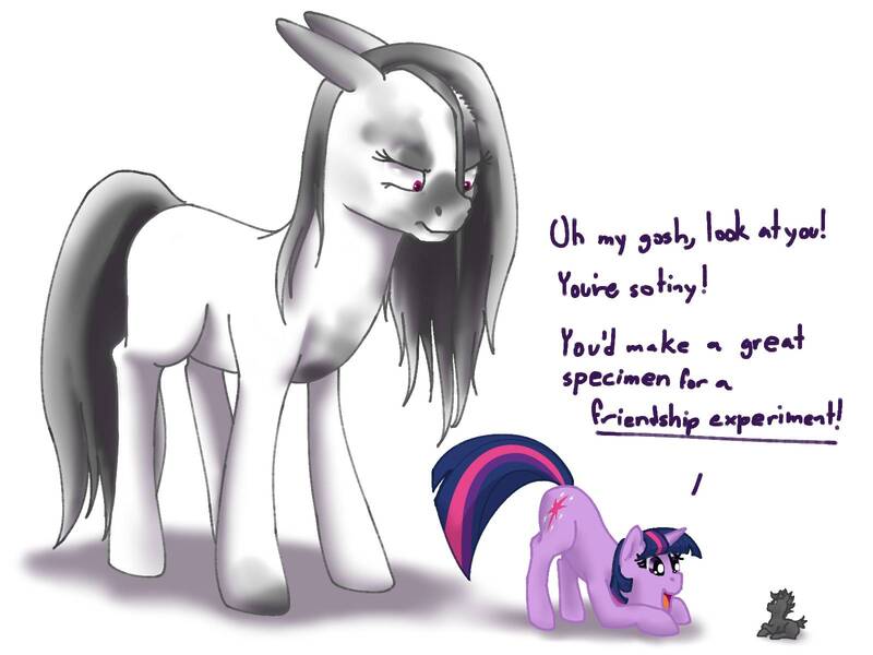 Size: 1600x1200 | Tagged: safe, artist:causticeichor, derpibooru import, twilight sparkle, oc, oc:inkenel, oc:oretha, pony, unicorn, angry, dirty, face down ass up, female, frown, glare, imminent violence, looking at someone, macro, male, mare, micro, open mouth, prone, science, simple background, size difference, smiling, stallion, text, this will end in pain, this will end in tears, unamused, unicorn twilight, white background, wide eyes