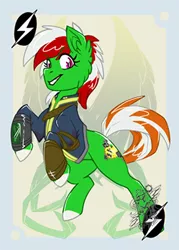Size: 260x363 | Tagged: safe, artist:bluekite-falls, artist:sky-railroad, derpibooru import, oc, oc:wandering sunrise, unofficial characters only, earth pony, pony, fallout equestria, fallout equestria: dead tree, clothes, female, mare, pipbuck, prance card game, prancing, rearing, solo, vault suit, wandering sunrise