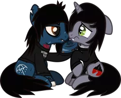 Size: 1450x1176 | Tagged: safe, artist:lightningbolt, derpibooru import, ponified, ponified:kellin quinn, ponified:oliver sykes, earth pony, pony, undead, unicorn, zombie, zombie pony, .svg available, angry, bags under eyes, blood, blood stains, bone, bring me the horizon, clothes, disguise, disguised siren, drop dead clothing, duo, fangs, floppy ears, hoof under chin, horn, jewelry, kissing, lip piercing, long sleeves, looking at each other, male, necklace, piercing, raised hoof, scar, scared, shirt, simple background, sitting, sleeping with sirens, stallion, stitches, svg, tattoo, transparent background, underhoof, vector
