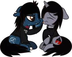 Size: 1482x1176 | Tagged: safe, artist:lightningbolt, derpibooru import, ponified, ponified:kellin quinn, ponified:oliver sykes, earth pony, pony, undead, unicorn, zombie, zombie pony, .svg available, :p, angry, bags under eyes, blood, blood stains, bone, boop, bring me the horizon, clothes, disguise, disguised siren, drop dead clothing, duo, eyes closed, fangs, floppy ears, frown, glare, hitting, hoof under chin, horn, jewelry, kissing, licking, lip piercing, long sleeves, looking at each other, male, necklace, nose wrinkle, piercing, raised hoof, scar, scared, scrunchy face, shirt, simple background, sitting, sleeping with sirens, stallion, stitches, svg, tattoo, tongue out, torn ear, transparent background, underhoof, vector