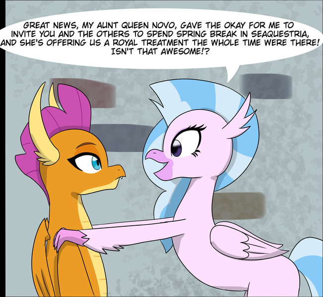 Size: 2005x1849 | Tagged: artist:chedx, comic:the weekend wager, commission, cropped, derpibooru import, happy, implied queen novo, safe, silverstream, smolder