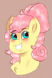 Size: 735x1087 | Tagged: safe, artist:meatballsmom19, derpibooru import, fluttershy, pony, alternate hairstyle, blushing, bust, chest fluff, cute, ear fluff, hair bun, heart eyes, messy bun, portrait, shyabetes, smiling, solo, wingding eyes