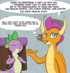 Size: 1744x1840 | Tagged: artist:chedx, backpack, comic:the weekend wager, commission, cropped, derpibooru import, dragon, happy, safe, scared, school of friendship, smolder, spike, winged spike