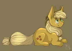 Size: 4093x2894 | Tagged: safe, artist:cluelesstuna, derpibooru import, applejack, earth pony, pony, beanbrows, brown background, cute, eyebrows, eyebrows visible through hair, female, jackabetes, mare, prone, simple background, solo