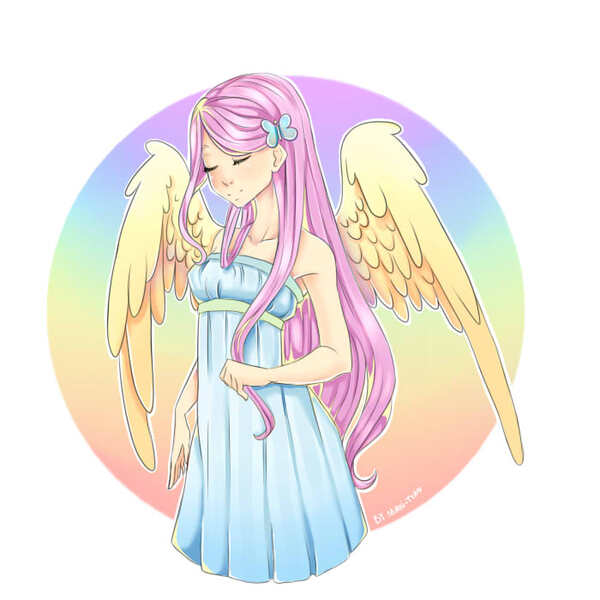 Size: 700x700 | Tagged: armpits, artist:makierlendson, bare shoulders, clothes, cute, derpibooru import, dress, eyes closed, fluttershy, hair accessory, human, humanized, safe, shyabetes, sleeveless, solo, strapless, winged humanization, wing fluff, wings