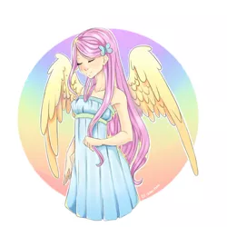 Size: 700x700 | Tagged: armpits, artist:makierlendson, bare shoulders, clothes, cute, derpibooru import, dress, eyes closed, fluttershy, hair accessory, human, humanized, safe, shyabetes, sleeveless, solo, strapless, winged humanization, wing fluff, wings