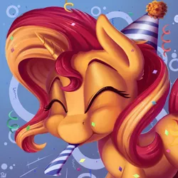 Size: 3000x3000 | Tagged: safe, artist:pirill, derpibooru import, derpy hooves, sunset shimmer, pony, unicorn, :t, abstract background, birthday, cheek fluff, confetti, cute, ear fluff, eyes closed, female, fluffy, gift art, happy, hat, mare, noisemaker, party hat, party horn, puffy cheeks, shimmerbetes, smiling, solo, streamers, when you see it