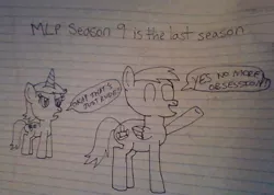 Size: 822x585 | Tagged: safe, artist:nightshadowmlp, derpibooru import, oc, oc:game point, oc:steve k, unofficial characters only, pegasus, pony, unicorn, angry, dialogue, end of ponies, female, happy, implied season 9, lined paper, male, mare, rude, speech bubble, stallion, text, traditional art