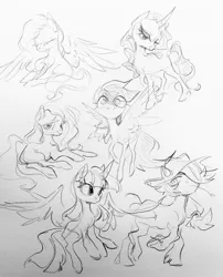 Size: 1651x2048 | Tagged: safe, artist:glacierclear, derpibooru import, applejack, fluttershy, pinkie pie, rainbow dash, rarity, twilight sparkle, twilight sparkle (alicorn), alicorn, earth pony, pegasus, pony, unicorn, female, mane six, mare, monochrome, simple background, sketch, sketch dump, traditional art, unshorn fetlocks, white background