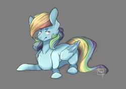 Size: 4093x2894 | Tagged: safe, artist:cluelesstuna, derpibooru import, rainbow dash, pegasus, pony, beanbrows, eyebrows, eyebrows visible through hair, female, gray background, mare, simple background, solo