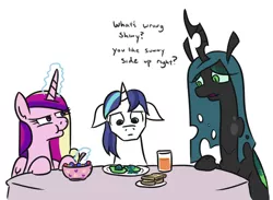 Size: 730x534 | Tagged: safe, artist:jargon scott, derpibooru import, princess cadance, queen chrysalis, shining armor, alicorn, changeling, changeling queen, pony, unicorn, awkward, cereal, changeling egg, dialogue, eating, egg, female, floppy ears, food, glowing horn, green eggs, green eggs and ham, herbivore vs omnivore, horn, juice, magic, male, mare, meat, orange juice, ponies eating meat, scrunchy face, simple background, stallion, telekinesis, white background