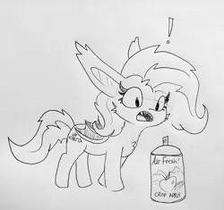 Size: 1529x1440 | Tagged: safe, artist:tjpones, derpibooru import, fluttershy, bat pony, pony, air freshener, apple, bat ponified, chest fluff, ear fluff, exclamation point, female, flutterbat, food, grayscale, lineart, mare, monochrome, open mouth, race swap, sharp teeth, simple background, solo, spray can, teeth, that pony sure does love apples, this will end in tears, traditional art